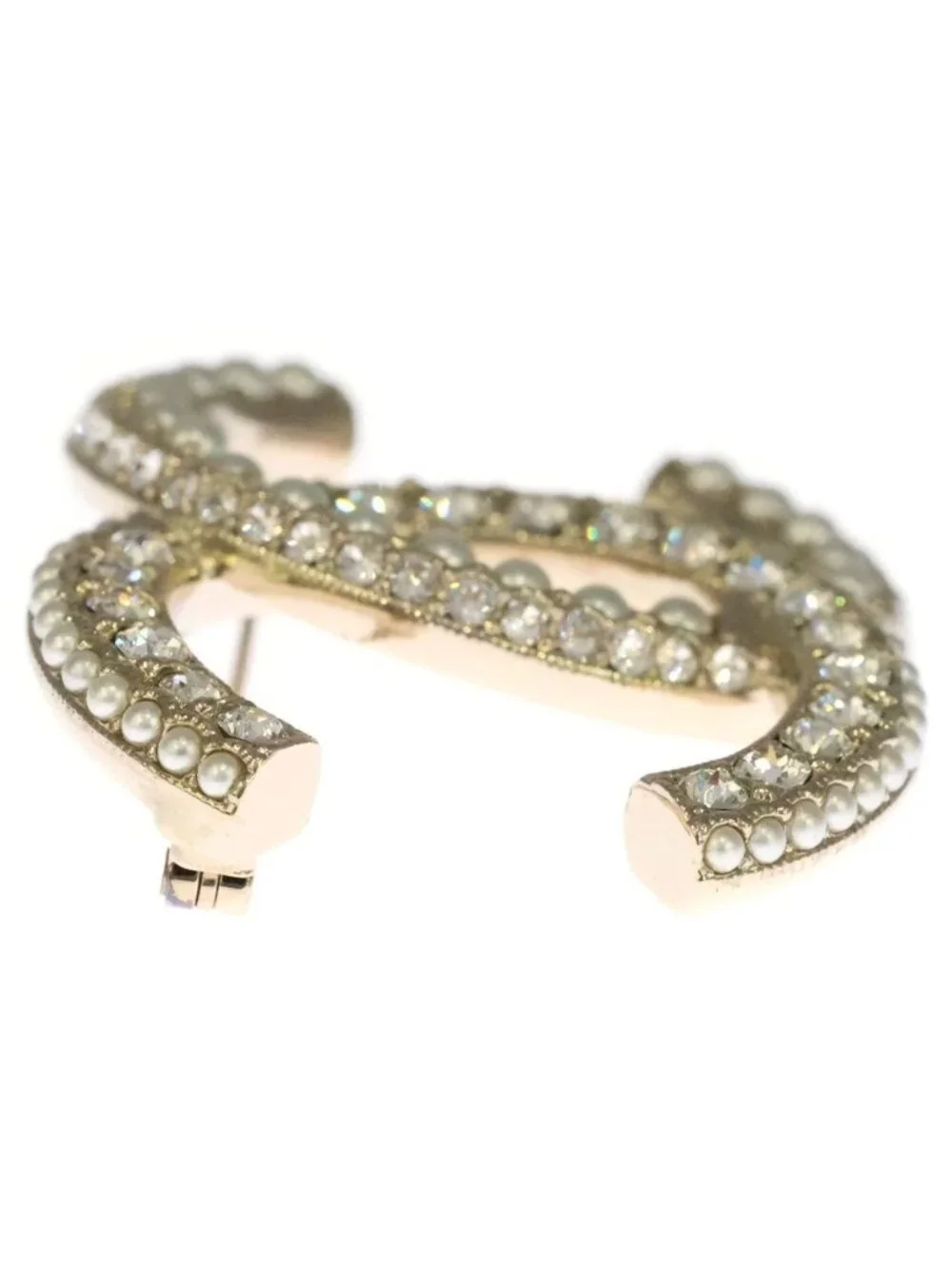 Chanel CC Logo Rhinestone Pearl Pin Badge Brooch Gold